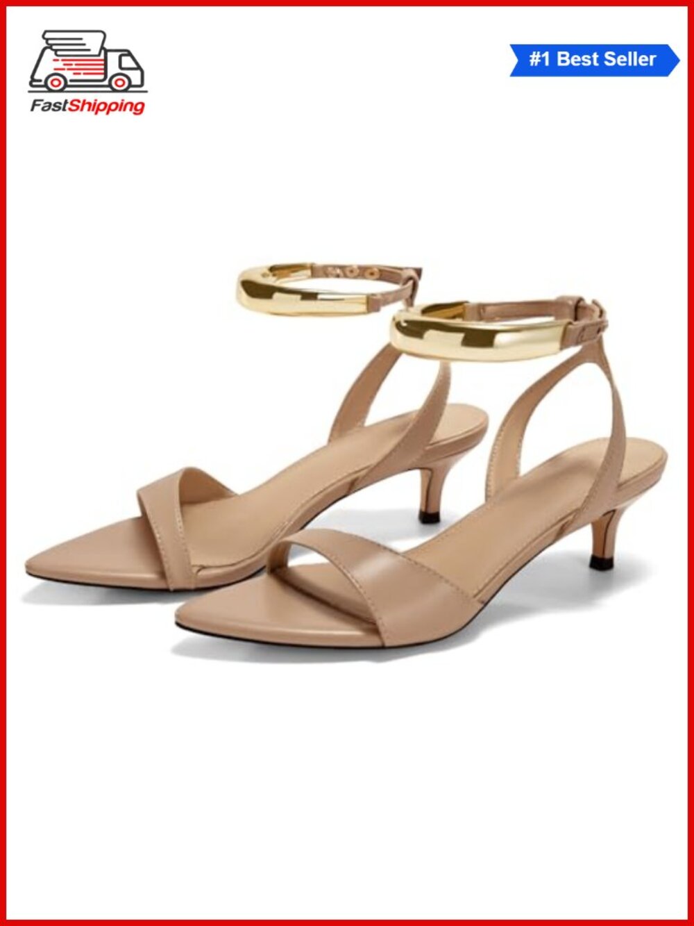 ✨ Coutgo Faux Leather Kitten Heel Strappy Pointed Toe Ankle Strap Dress Sandals
